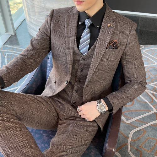 British Korean Style High Quality Modified Plaid Three-Piece Suit for