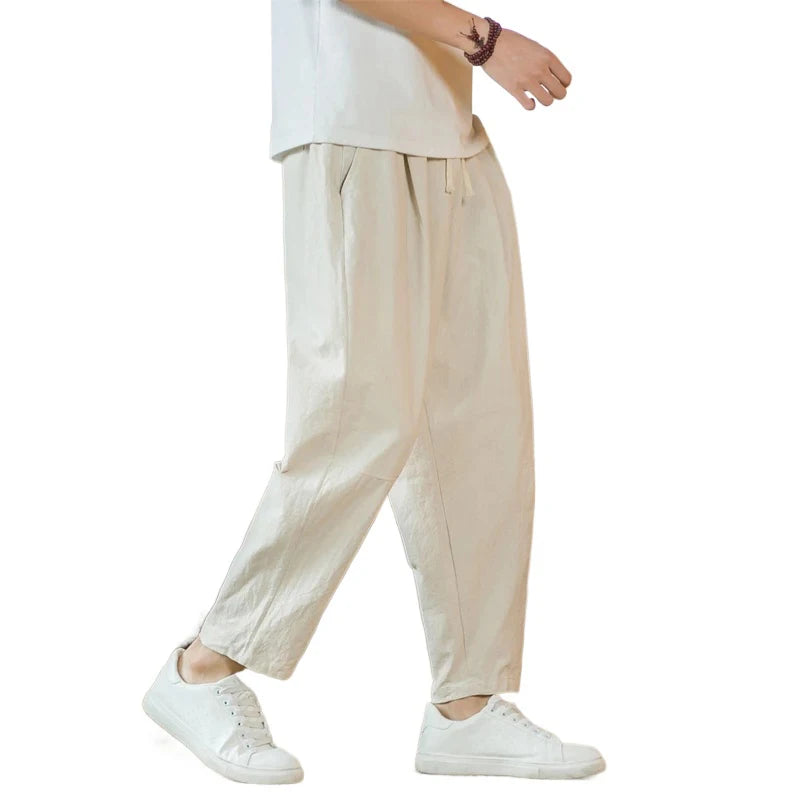 New Cotton Linen Mens Pants Casual Solid Color Breathable Streetwear