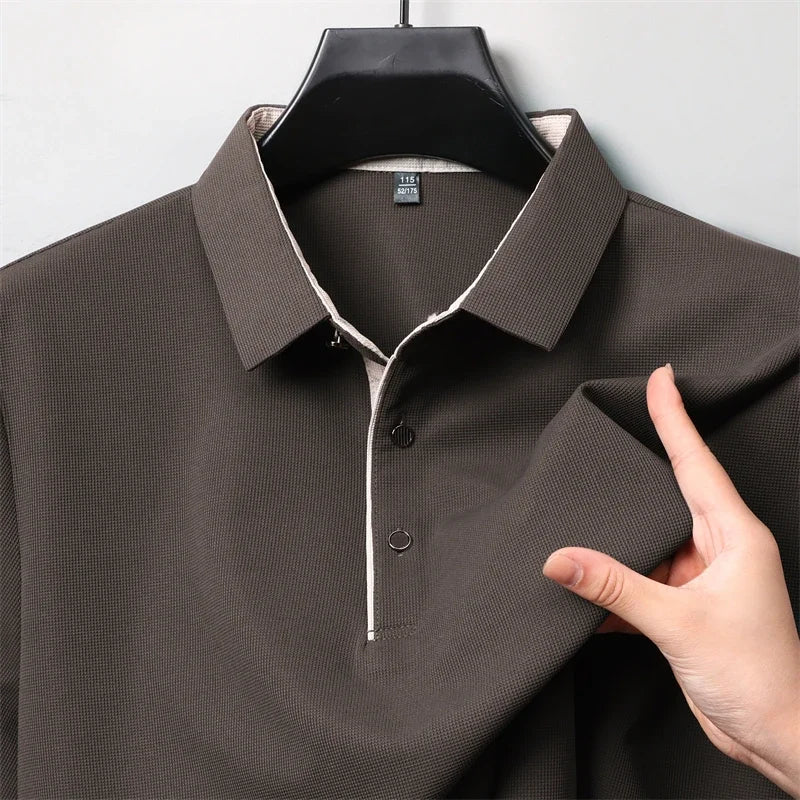 New Men's Business Casual  Long Sleeve Solid Color Polo Shirt