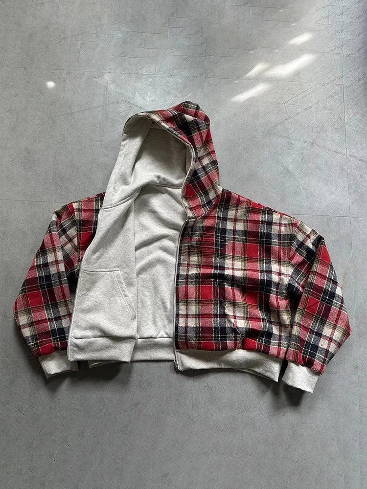 Winter Casual Plaid Print Hoodie Women's Warm Zip-Up Double-Sided Wear
