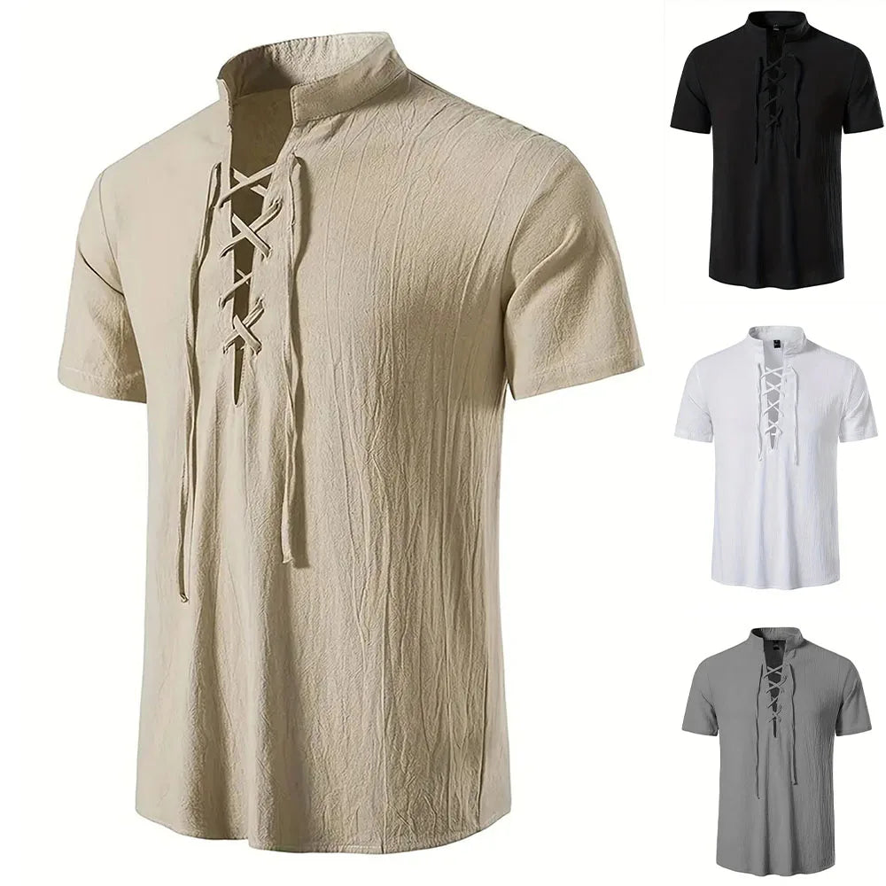 Men's Retro Shirt Short Sleeve Cotton Linen Lightweight Breathable