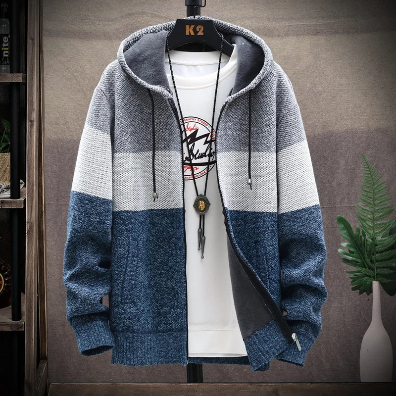 Men's Knit Sweater Fleece Coat Striped Jackets Fashion Hoodies Winter