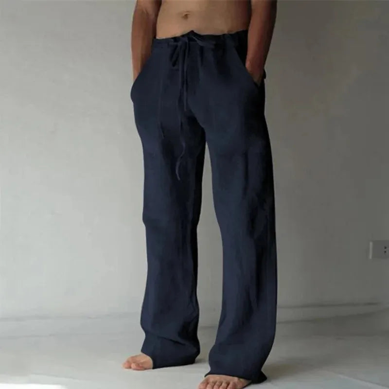 Men's Cotton Linen Long Pants Summer Solid Color Breathable Linen
