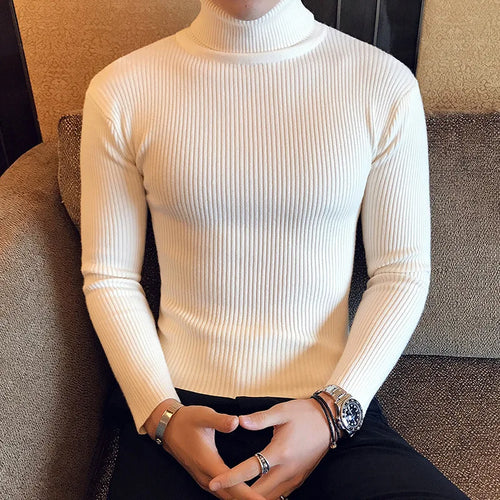 Mens Turtleneck Sweaters Winter Warm Knit Pullover Korean Cotton Solid