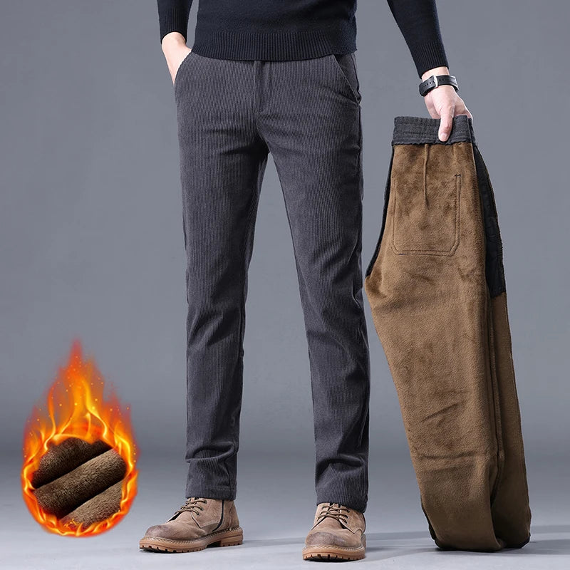 Khaki Black Gray Fleece Men's Corduroy Casual Pants Chenille Thick