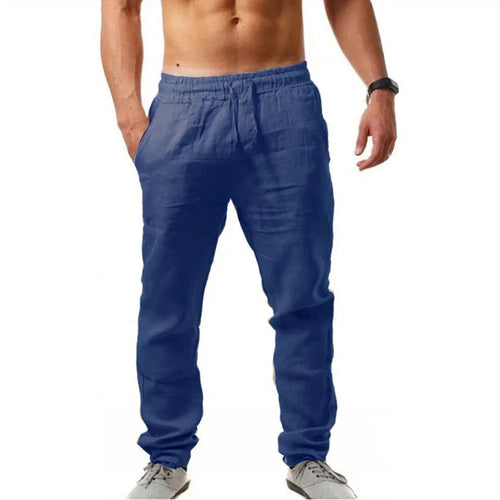 Men's Cotton Linen Pant Loose Breathable Elastic Waist Pants Solid