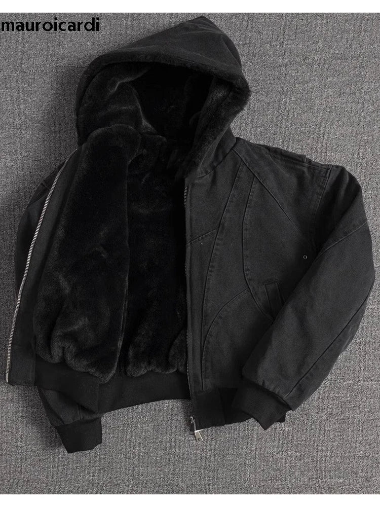 Mauroicardi Autumn Winter Short Thickened Warm Oversized Canvas Washed