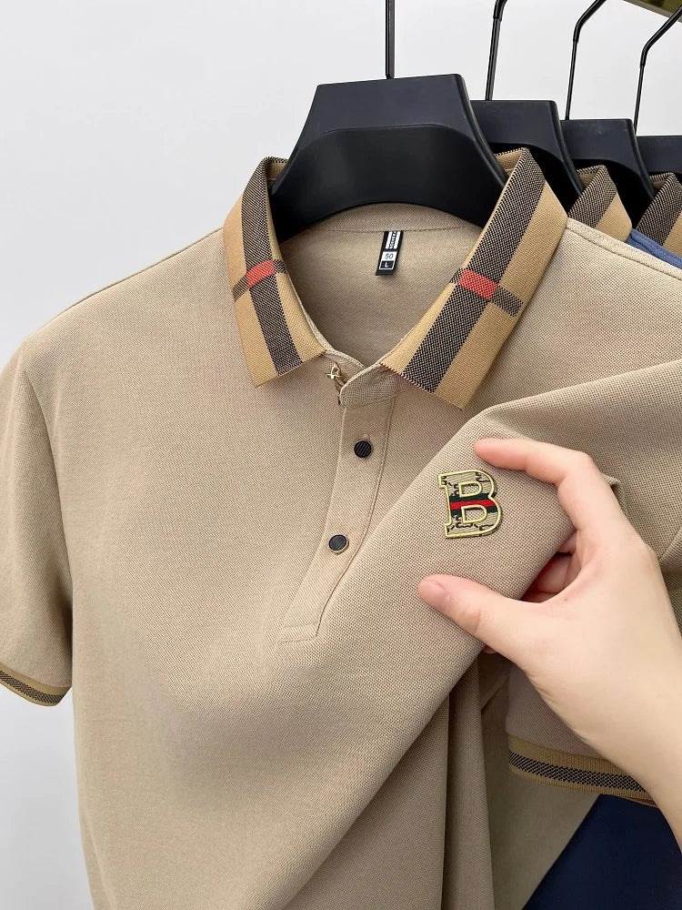 Luxury brand logo short sleeve polo shirt men summer new high-end silk