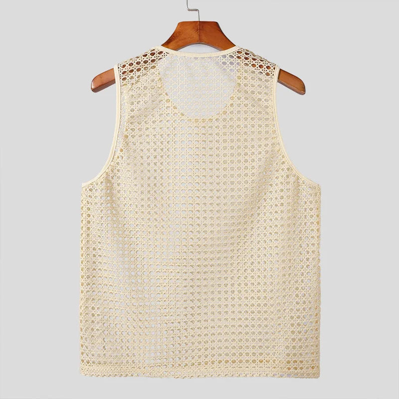 New American Style Fashion Men Tops Popular Vacation Hollow Out Mesh