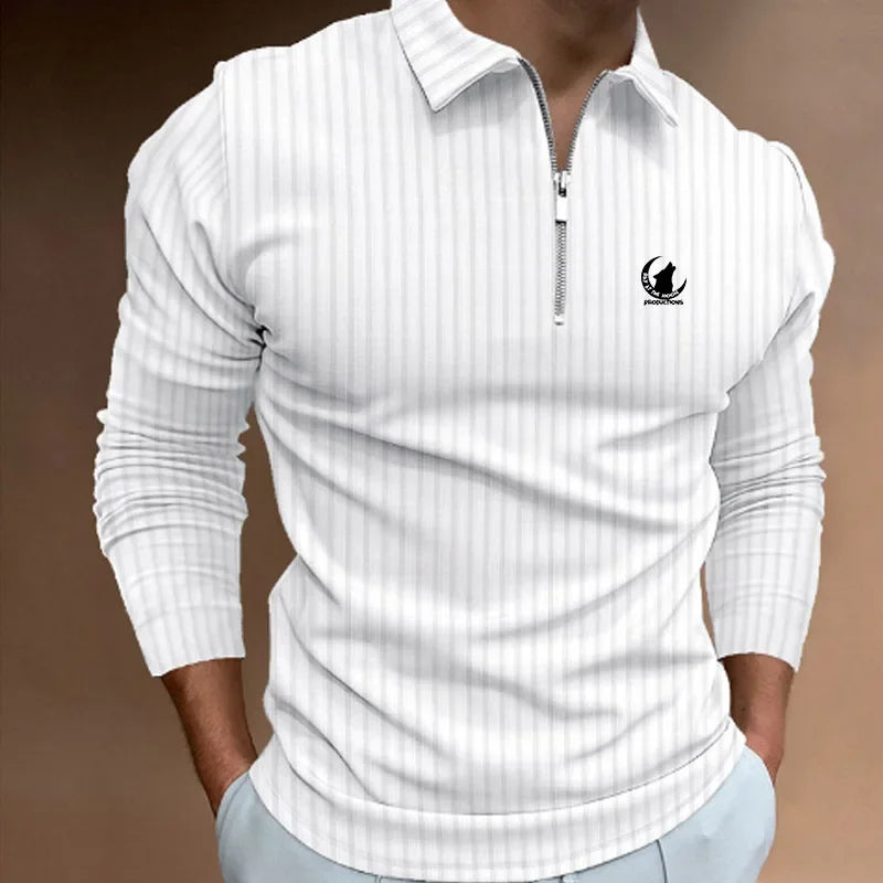 Men Clothes New Long Sleeve Zipper Stripe Polo Shirt Casual Men Polo