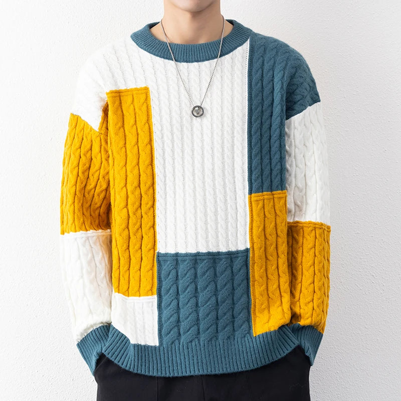 New Spring Winter Fashion Patchwork Loose Sweater Men Streetwear High