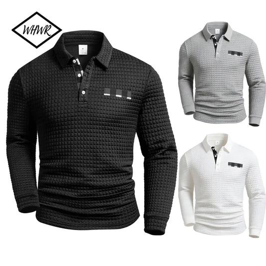 Men's Polo Shirts Square Plaid Texture Fabric Solid Color Mens Long