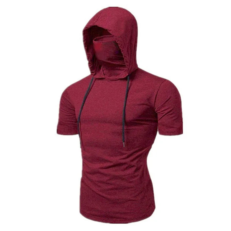 Mens Gym Thin Hoodie Short Sleeve Hoodies With Mask Sweatshirt Casual