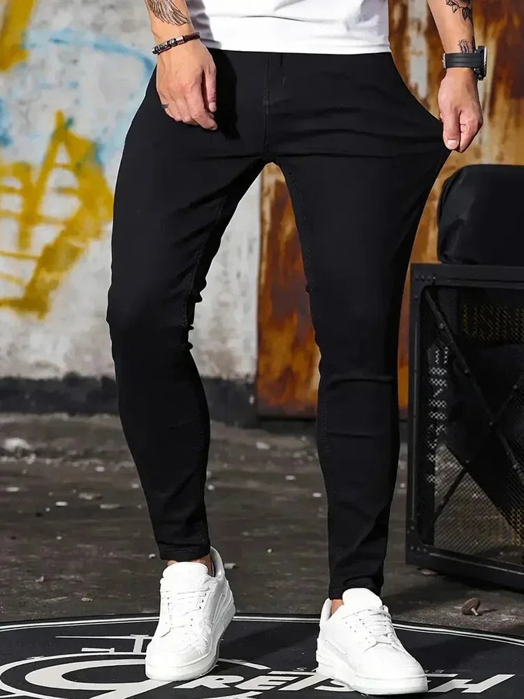 Men Jeans Stretch Skinny Denim Pants Solid Color Black Blue Spring