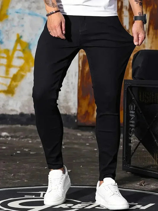 Men Jeans Stretch Skinny Denim Pants Solid Color Black Blue Spring
