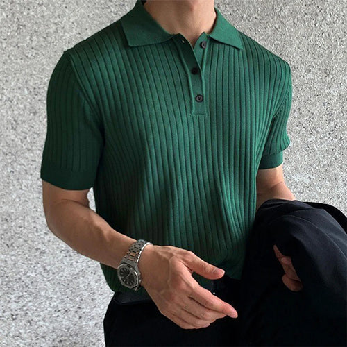 Summer Men's Clothing Retro Knit Lapel Striped Polo Shirt Solid Color