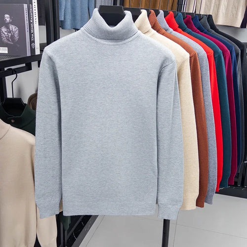 Autumn Mens High Quality Knitted Turtleneck Sweater Slim Fit Long