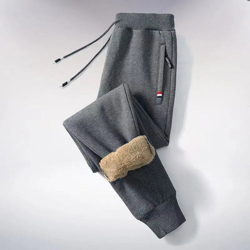 Winter Men's Cotton Tight Track Pants Fleece-Lined Thick Lambskin