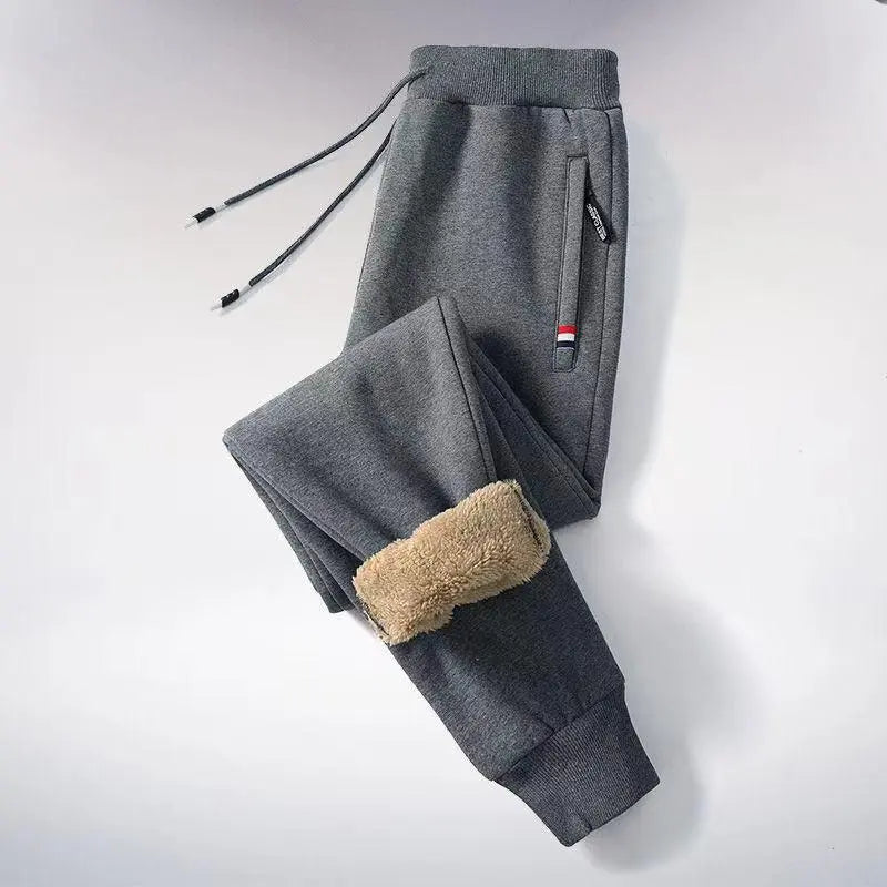 Winter Men's Cotton Tight Track Pants Fleece-Lined Thick Lambskin