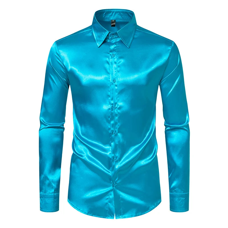 Men's Black Satin Luxury Dress Shirts Fashion Silk Smooth Tuxedo Shirt
