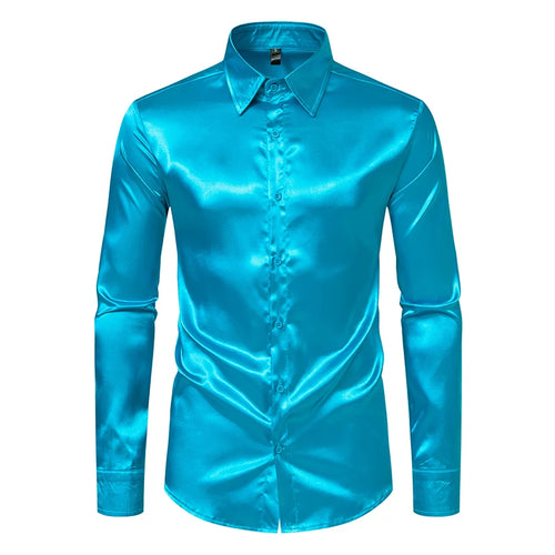 Men's Black Satin Luxury Dress Shirts Fashion Silk Smooth Tuxedo Shirt