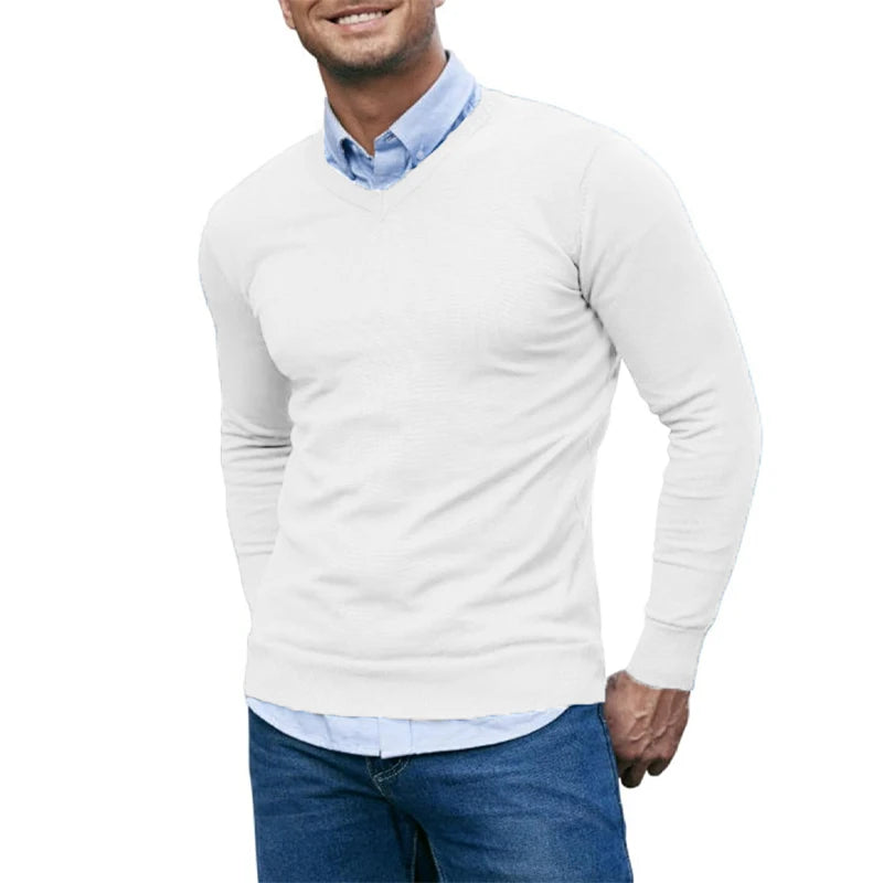 Men's V Neck Sweater Knitted Pullover Casual Soft Lightweight Long