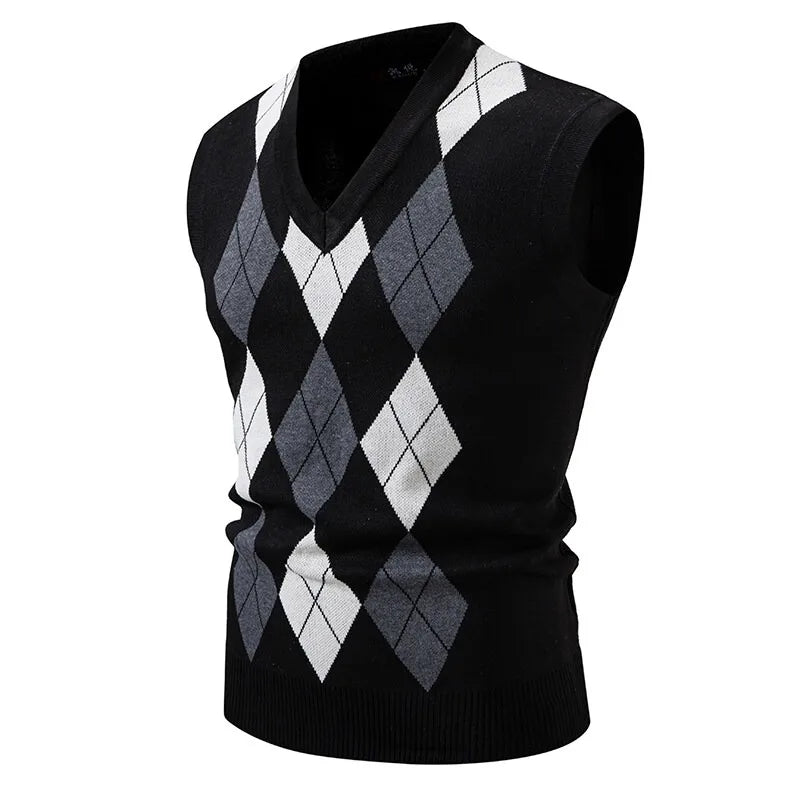 New Mens Argyle Knitwear Vest V Neck Sleeveless Casual Slim Fit