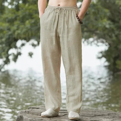 New Men's Beach Pants Joggers Fashion Cotton Linen Sweatpants Casual