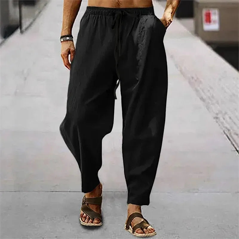 New Men Cotton Linen Pants Summer and Autumn Solid High Waist Wide-Leg
