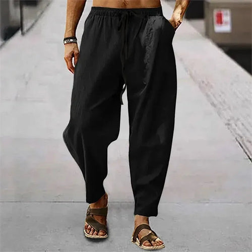 New Men Cotton Linen Pants Summer and Autumn Solid High Waist Wide-Leg