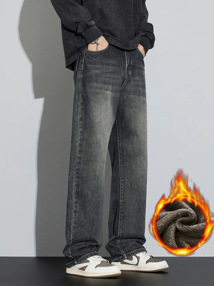 Korean Wide Legs Fleece Jeans Men's Winter Warm Thickened Velvet Loose