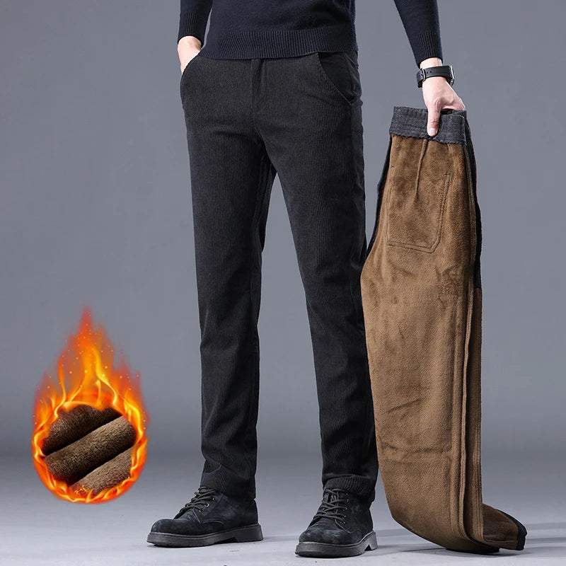 Khaki Black Gray Fleece Men's Corduroy Casual Pants Chenille Thick