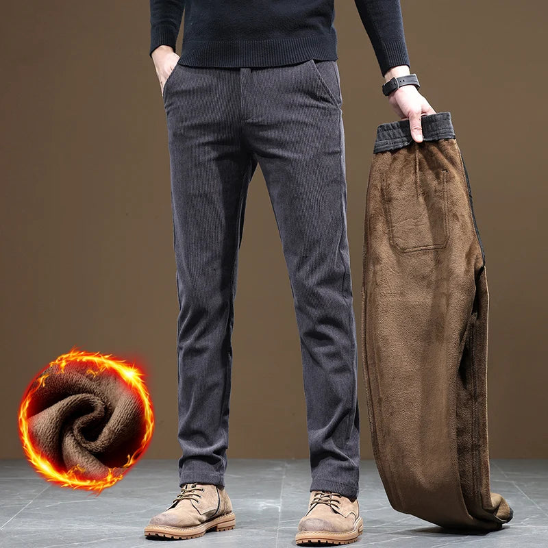 2025 New Winter Fleece Warm Corduroy Pants Men Business Fashion Slim