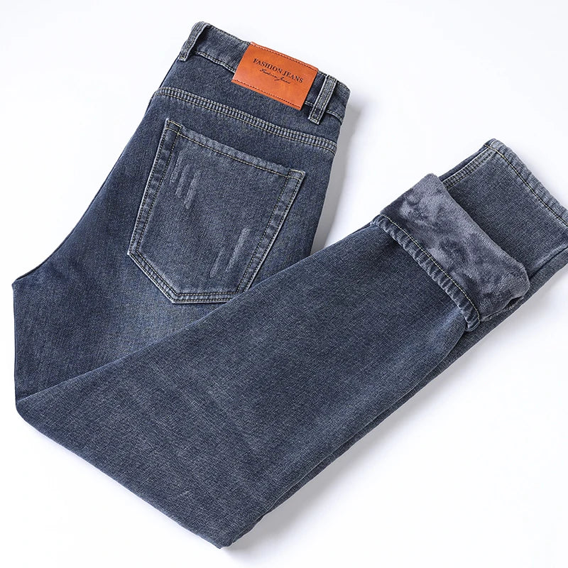 2025 Winter Fleece Jeans Men's Fashion Elastic Slim Straight Warm