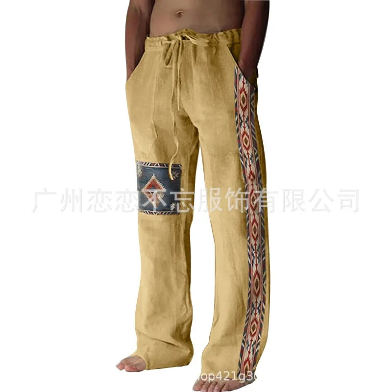 1 Mens Summer Beach Drawstring Ethnic Style Casual Straight Leg