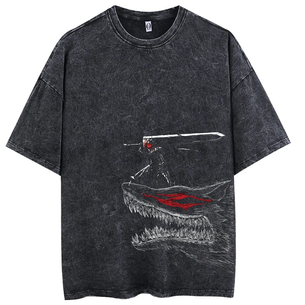Hip Hop Men Streetwear T-Shirt Retro Vintage Washed Anime Graphic T