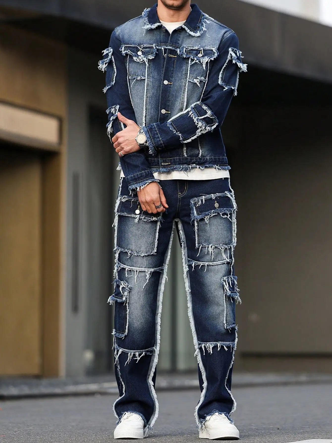 Men's spring and autumn denim suit, multi - pocket design, wide