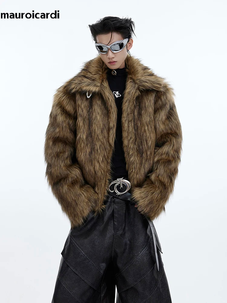Mauroicardi Winter Short Thick Warm Brown Hairy Soft Faux Fur Coat Men