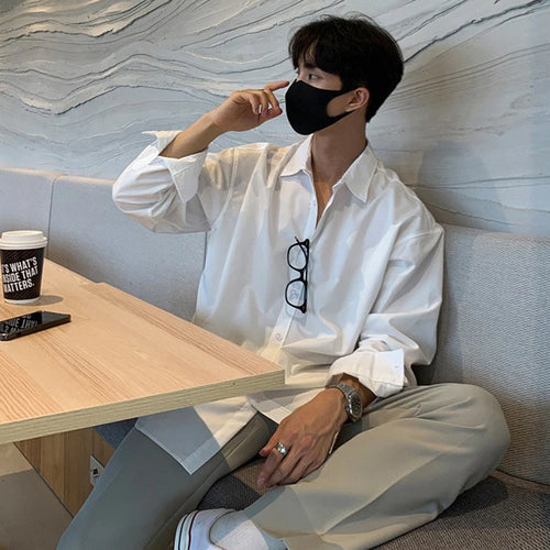 New Korean Business Men Shirts Light Luxury Slim-fit Solid Color Long