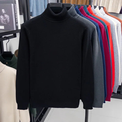 Autumn Mens High Quality Knitted Turtleneck Sweater Slim Fit Long