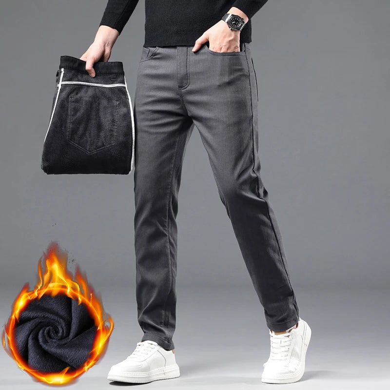 Winter New 2025 Fleece Pants Men's Thick Slim Elastic Business Casual