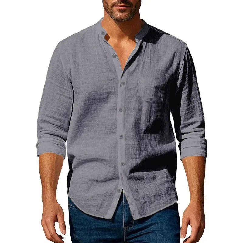Cotton Linen Shirt for Men Henley Neck Solid Color Lightweight