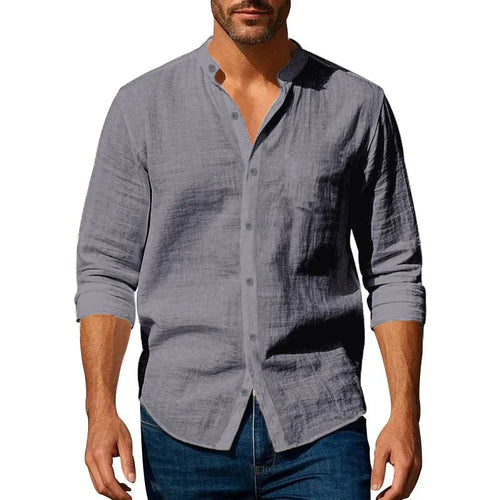 Cotton Linen Shirt for Men Henley Neck Solid Color Lightweight