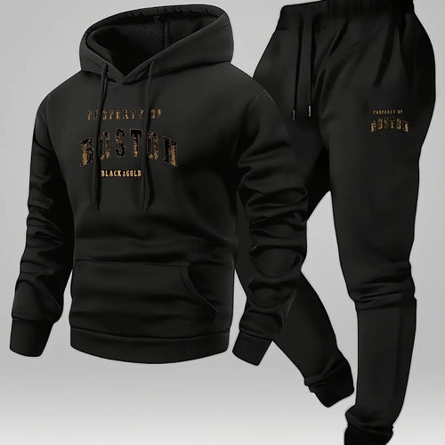 Men's Boston print hooded sweatshirt and sweatpants soft and