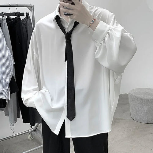 Korean Style Men's Long-sleeved Shirts Black Tie Cozy Casual Solid