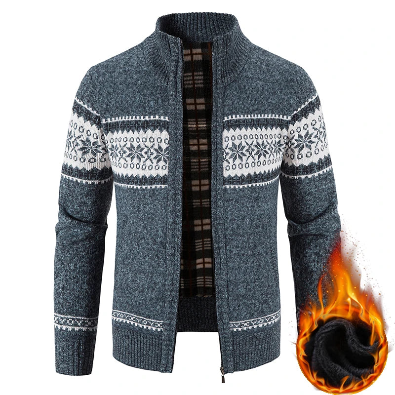 Winter Men's Fleece Cardigan Christmas Knit Sweater Coat Business