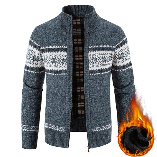 Winter Men's Fleece Cardigan Christmas Knit Sweater Coat Business