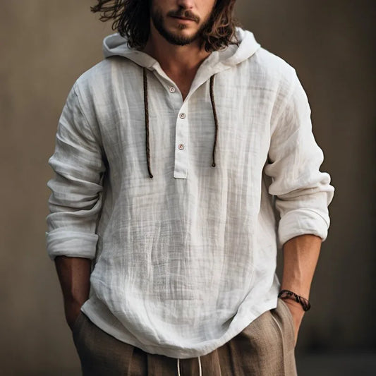 2024 New Men's Casual Blouse Cotton Linen Shirt Loose Tops Long Sleeve