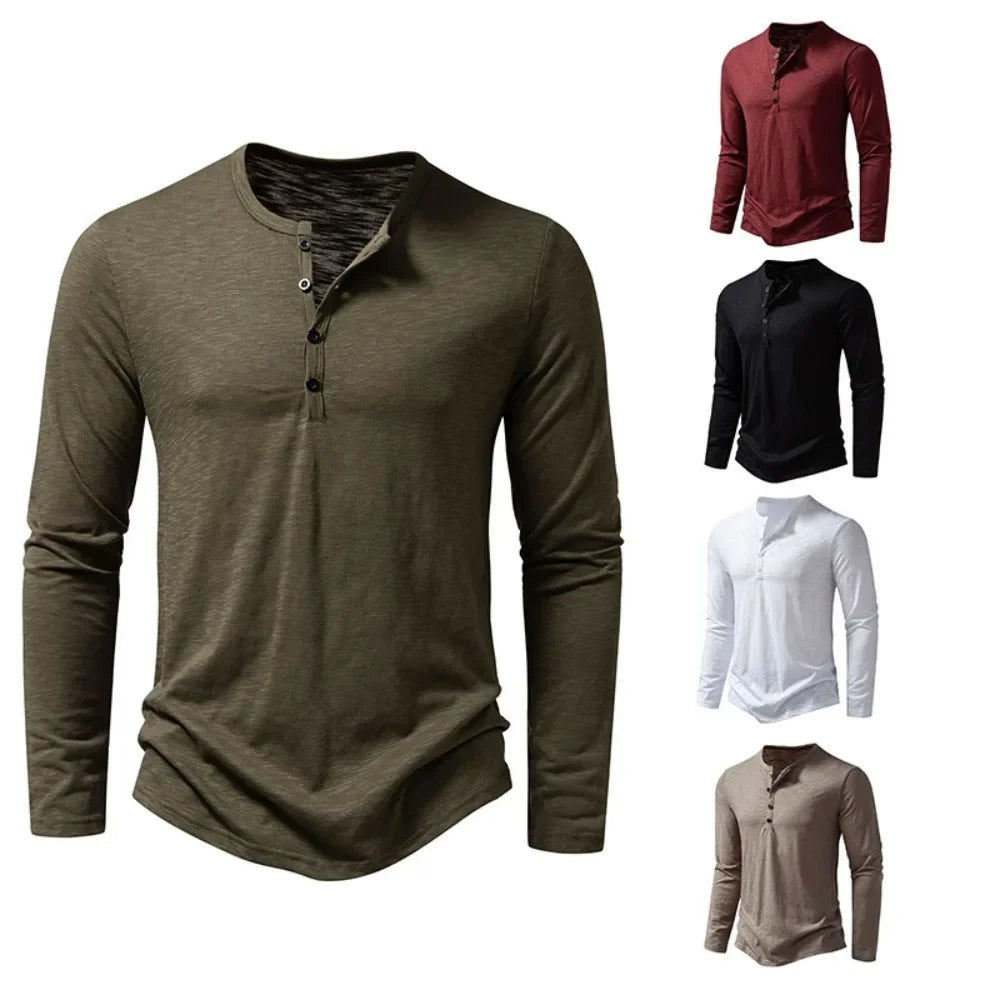 Autumn New Men's Cotton Button Long Sleeve  Henley Neck T-Shirt Casual
