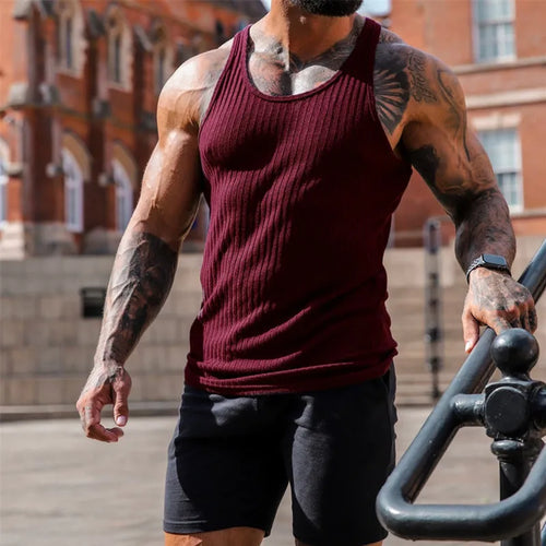 Men's Summer O-neck loose stripe gym Tank top Men Fitness sleeveless